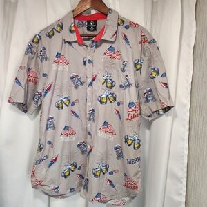 Staghorn River USA Washington‎ Flag Beer Button Up Shirt XL July 4th Patriotic